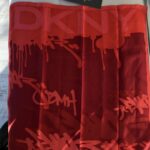 Vintage DKNY silk square, spell out/grafitti red, pink, coral