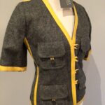 Vintage late 70s Baccarat London wool skirt suit, leather trim, current UK 10