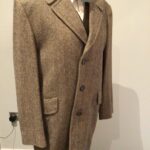 Vintage 80s herringbone weave wool mix long jacket, 42/44” chest, made in England, great styling & weave