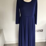 Vintage 70s Quad, England maxi dress, current UK 14, dark blue with sheen, simple stylish shape, iconic label