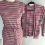 Vintage 80s Susan Small, England candy stripe knit 3 piece/ sleeveless dress, long cardi & belt, very Missoni… current UK 8/10